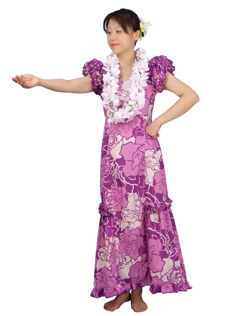Hula Long Dress with Rose Print  Purple  XL-size  G1479p-XL