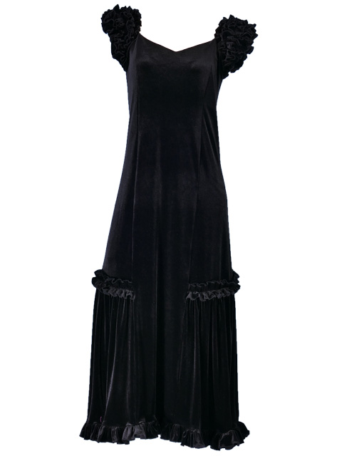 Hula Long Velvet Dress with Frills / Black / G1078b-hulaohana