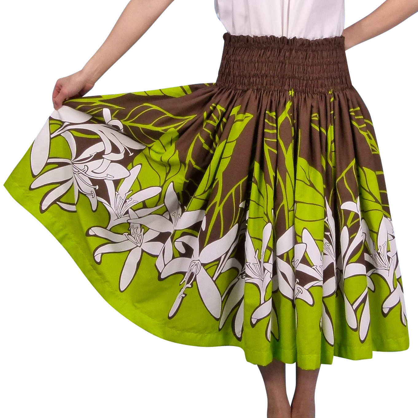 Hula Pa'u Skirt with Spider Lily Print / Brown / G1459hulaohana