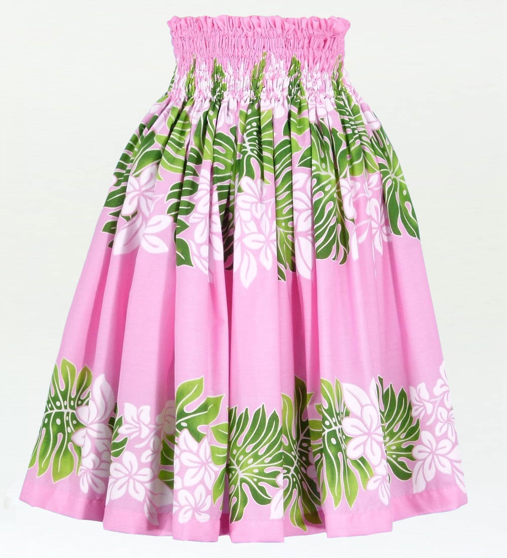 Hula Pa'u Skirt with Plumeria & Monstera Print / Pink / J1685hulaohana