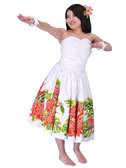 Hula Midi Dress with Torch Ginger Print / White / G1958w-hulaohana