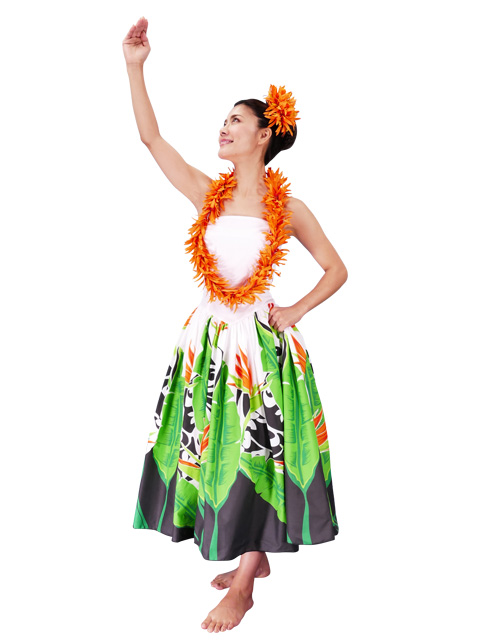 Hula Strapless Dress with Bird of Paradise / White / G2090w-hulaohana