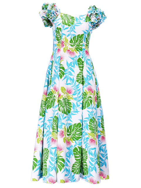 Hula Long Dress with Lehua Print / Blue / G2379bl-hulaohana