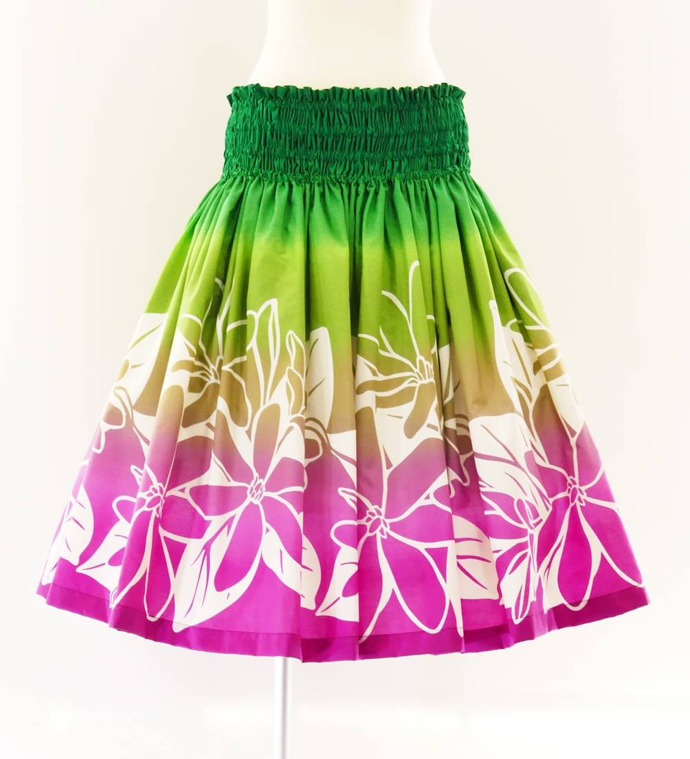 Hula Pa'u Skirt with Tiare Print / Green & Pink / G2623hulaohana