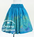 Hula Shantung Pa'u Skirt with Hawaiian Leaf Print / Luxury Collection / Blue / J3310bl