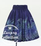 Hula Shantung Pa'u Skirt with Hawaiian Leaf Print / Luxury Collection / Navy / J3310nv