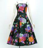 Japan Fabric Long Dress with Chrysanthemum & Plum Blossom & Cherry Blossom Print / Shantung / Black ...