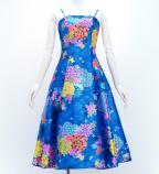 Japan Fabric Long Dress with Chrysanthemum & Plum Blossom & Cherry Blossom Print / Shantung / Blue /...