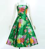 Japan Fabric Long Dress with Chrysanthemum & Plum Blossom & Cherry Blossom Print / Shantung / Green ...