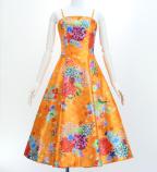 Japan Fabric Long Dress with Chrysanthemum & Plum Blossom & Cherry Blossom Print / Shantung / Orange...