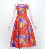 Japan Fabric Long Dress with Chrysanthemum & Plum Blossom & Cherry Blossom Print / Shantung / Red / ...