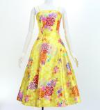 Japan Fabric Long Dress with Chrysanthemum & Plum Blossom & Cherry Blossom Print / Shantung / Yellow...