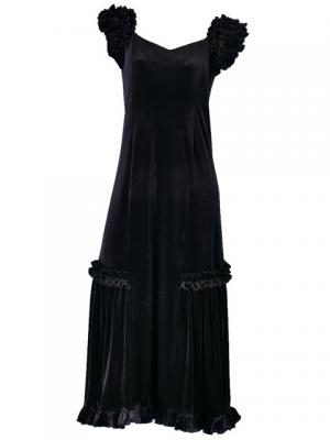 Hula Long Velvet Dress with Frills / Black / G1078b