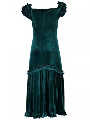 Hula Long Velvet Dress with Frills / Green / G1078g