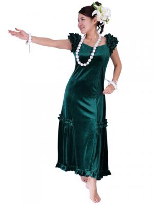 Hula Long Velvet Dress with Frills / Green / G1078g