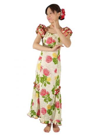 Hula Long Dress with Lehua Print / Beige / J1147be