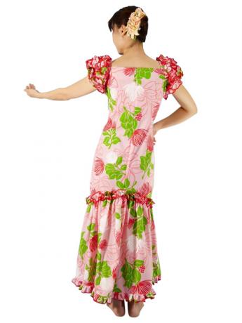 Hula Long Dress with Lehua Print / Pink / G1147pi