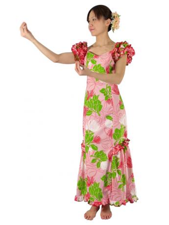 Hula Long Dress with Lehua Print / Pink / G1147pi