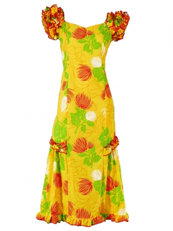 Hula Long Dress with Lehua Print / Yellow / G1147y