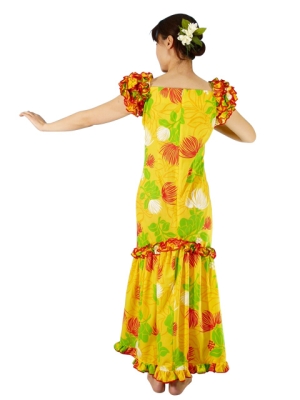 Hula Long Dress with Lehua Print / Yellow / G1147y