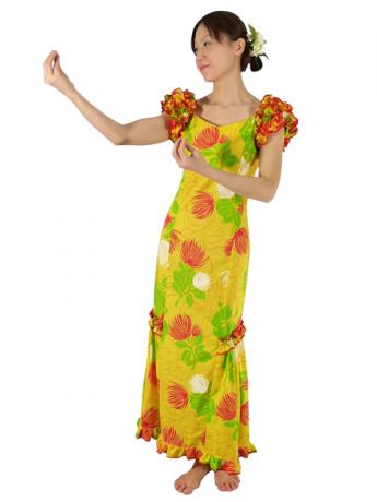 Hula Long Dress with Lehua Print / Yellow / G1147y
