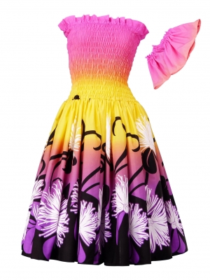Hula Gradation Midi Dress with Lehua Print / Pink, Yellow & Purple / J1417