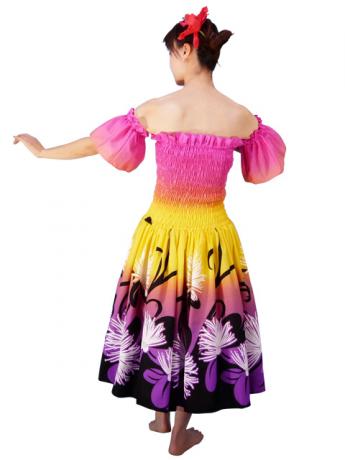 Hula Gradation Midi Dress with Lehua Print / Pink, Yellow & Purple / J1417