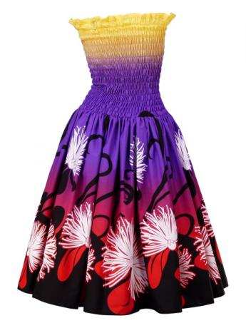 Hula Gradation Midi Dress with Lehua Print / Yellow,Purple & Red / J1418