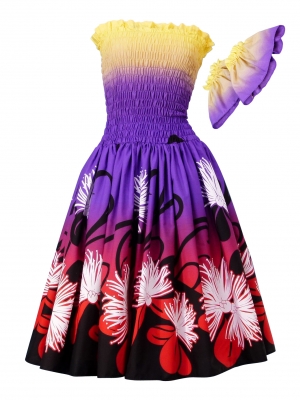 Hula Gradation Midi Dress with Lehua Print / Yellow,Purple & Red / J1418