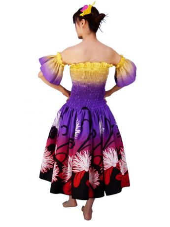 Hula Gradation Midi Dress with Lehua Print / Yellow,Purple & Red / J1418