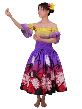 Hula Gradation Midi Dress with Lehua Print / Yellow,Purple & Red / J1418