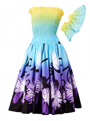 Hula Gradation Midi Dress with Lehua Print / Yellow, Blue & Purple / G1419