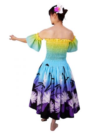 Hula Gradation Midi Dress with Lehua Print / Yellow, Blue & Purple / G1419