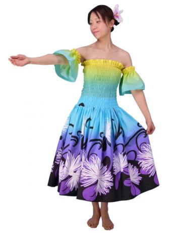 Hula Gradation Midi Dress with Lehua Print / Yellow, Blue & Purple / G1419