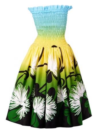 Hula Gradation Midi Dress with Lehua Print / Blue, Yellow & Green / J1420