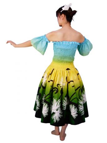 Hula Gradation Midi Dress with Lehua Print / Blue, Yellow & Green / J1420