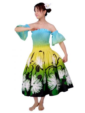 Hula Gradation Midi Dress with Lehua Print / Blue, Yellow & Green / J1420