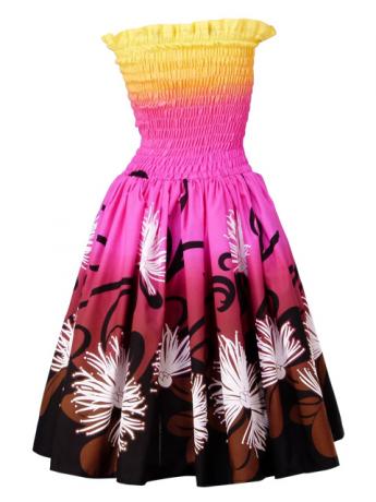 Hula Gradation Midi Dress with Lehua Print / Yellow, Pink & Brown / J1421