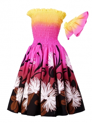 Hula Gradation Midi Dress with Lehua Print / Yellow, Pink & Brown / J1421