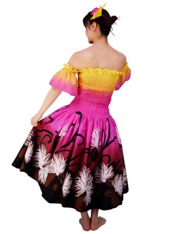 Hula Gradation Midi Dress with Lehua Print / Yellow, Pink & Brown / J1421