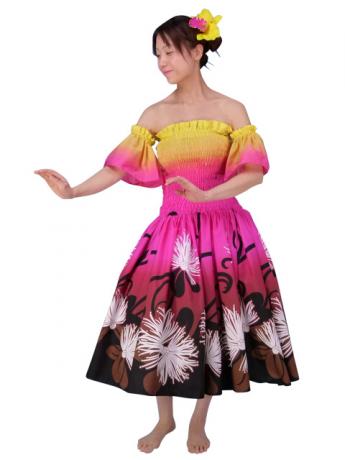 Hula Gradation Midi Dress with Lehua Print / Yellow, Pink & Brown / J1421