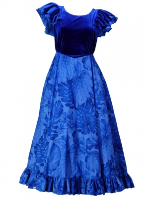 Hula Frilled Sleeves with Velvet & Plumeria Dress / Blue / J1423bl
