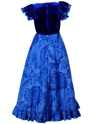 Hula Frilled Sleeves with Velvet & Plumeria Dress / Blue / J1423bl