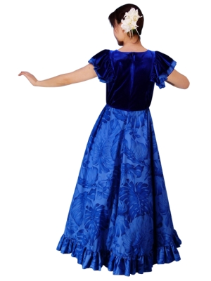 Hula Frilled Sleeves with Velvet & Plumeria Dress / Blue / J1423bl