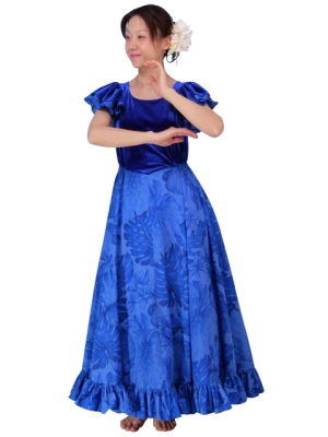 Hula Frilled Sleeves with Velvet & Plumeria Dress / Blue / J1423bl