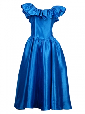Hula Frilled Collar Long Satin Dress / Blue / J1531bl