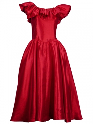 Hula Frilled Collar Long Satin Dress / Red / J1531r