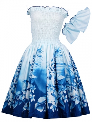 Hula Midi Dress with Flower Print / Blue / J1550bl