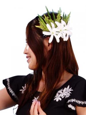 Hula Hair Clip / Tiare and Leaf / White and Light Green / J1590