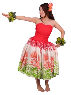 Hula Midi Dress with Lehua Print / Red / G1595r